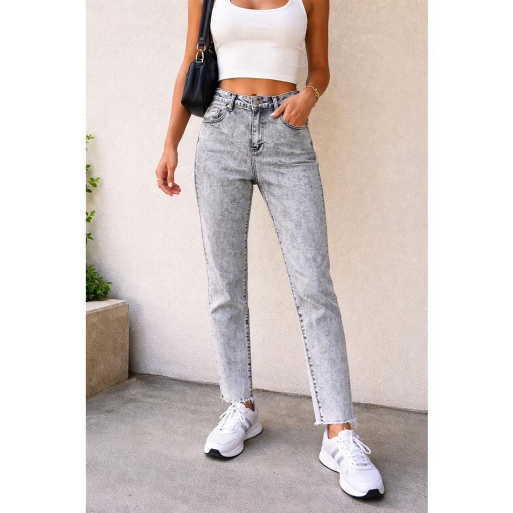 Tractr Diane Mid Rise Straight Leg Jeans Size 8 Gray Acid Wash Raw Hem NWT Y2K